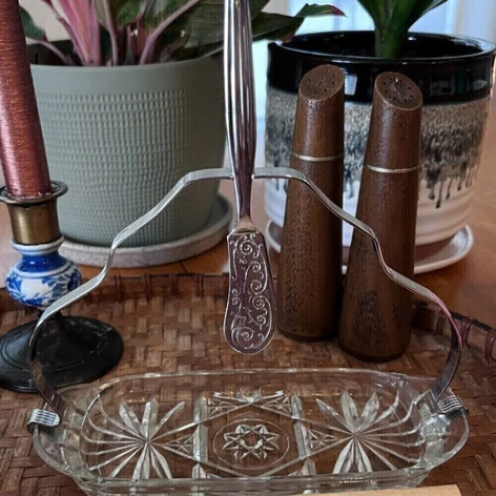 Vintage Crystal Butter Dish Spreader Server